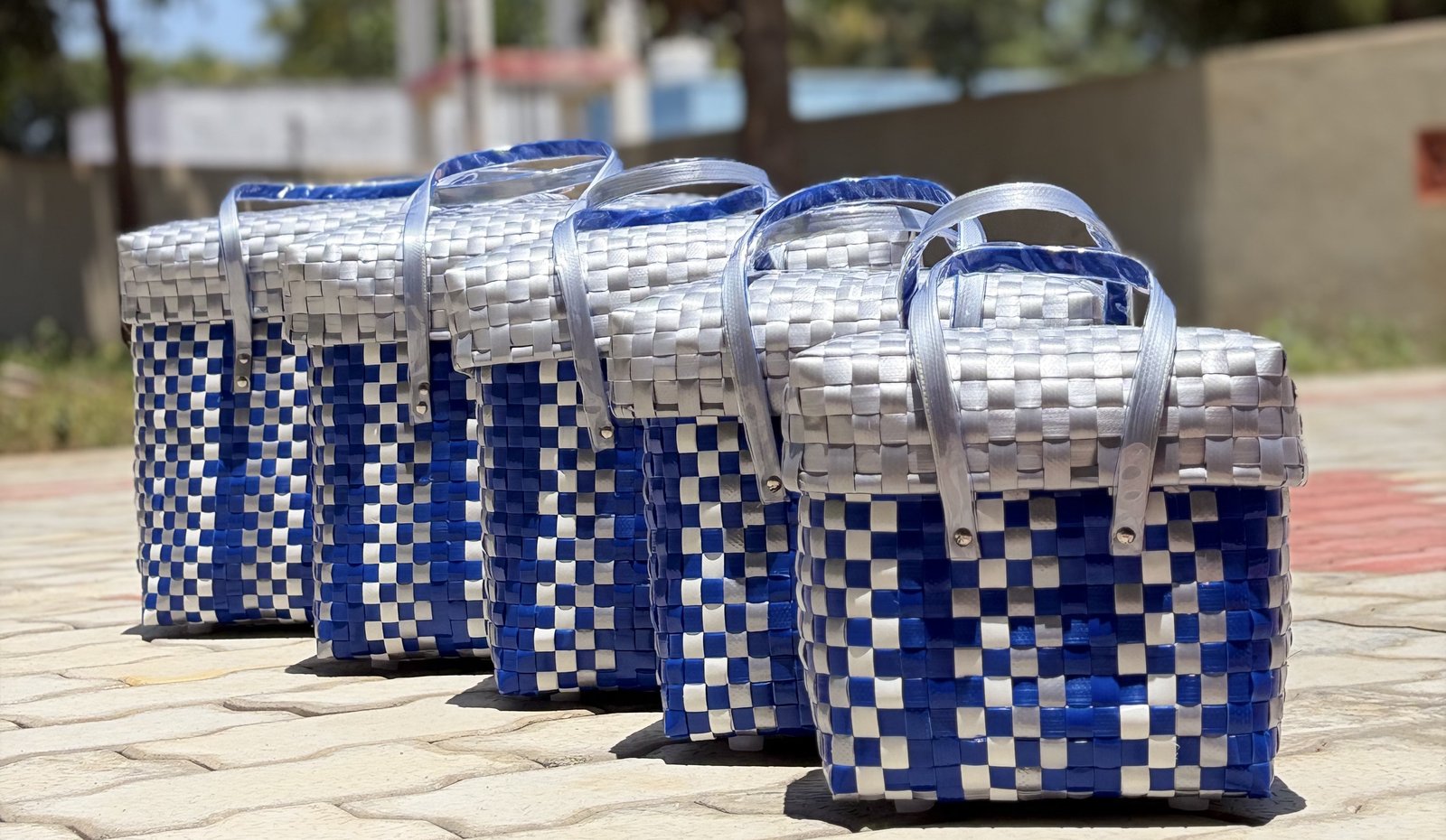 Chettinad Heritage Baskets - Set of 5 With Lid- Blue & Grey & White