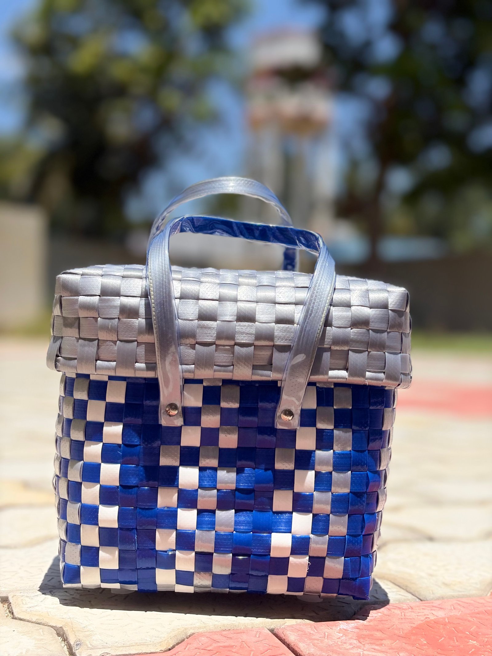 Heritage Basket - Blue & Grey & White - Size 1 - With Lid
