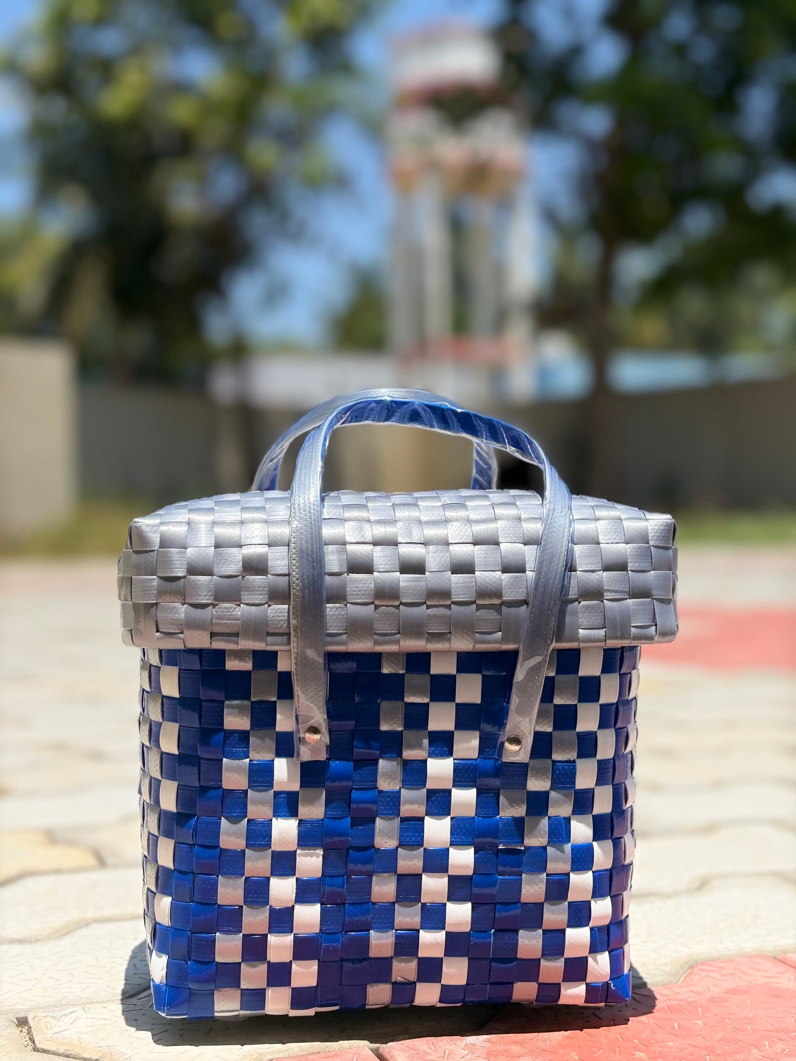 Heritage Basket - Blue & Grey & White - Size 2 - With Lid
