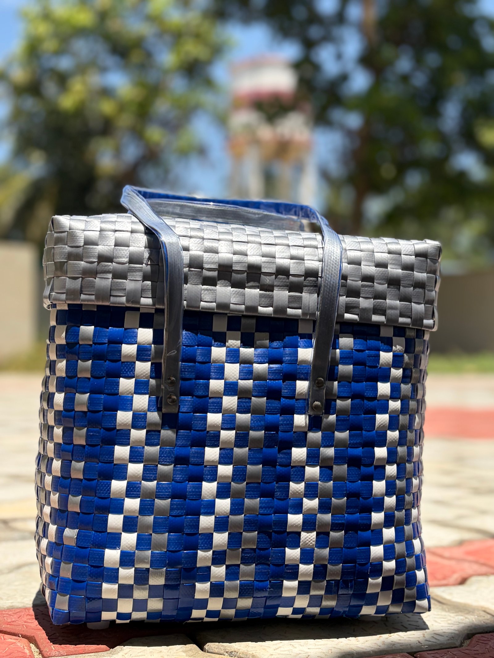 Heritage Basket - Blue & Grey & White - Size 5 - With Lid